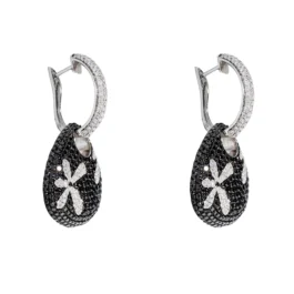 Flower Earrings With Black And White Diamonds